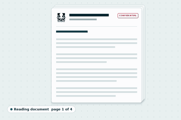 Animation: a confidential document is scanned line by line, three passages are highlighted and flagged in the margin, and a magnifier examines one of them.